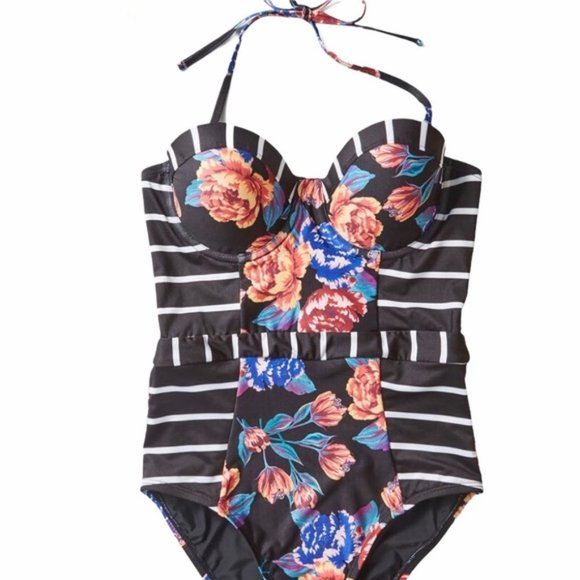 Modcloth Harper One Piece Floral Halter Swimsuit NIP - Picture 3 of 3